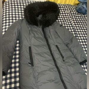 DKNY Charcoal Puffer Jacket with Black Faux Fur